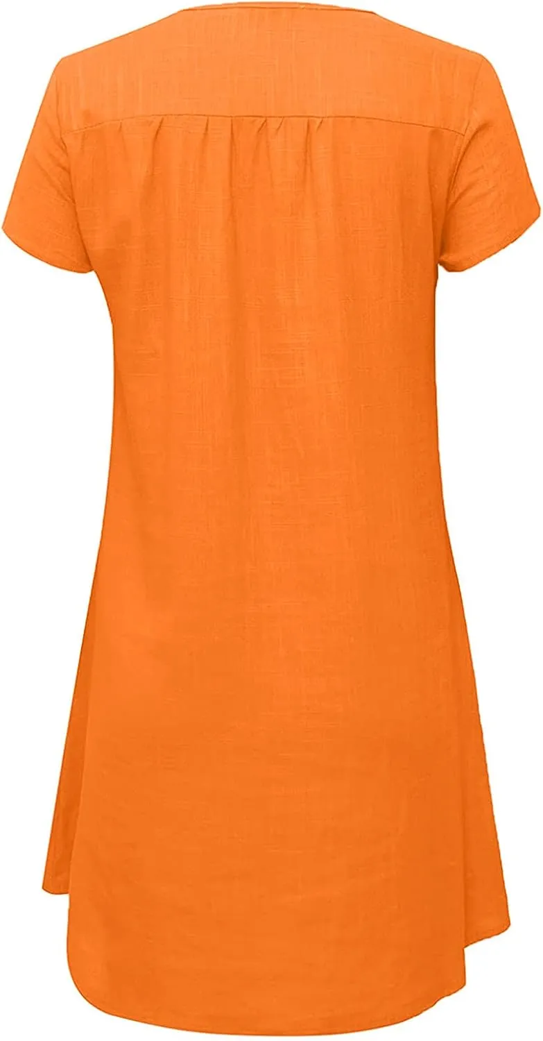 Summer Dresses for Women's Plus Size Short Sleeve Loose Cotton Linen Top Shirt Dress Ladies Knee Length Midi Sundress