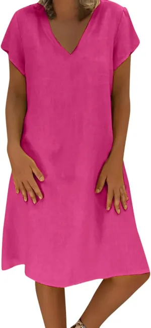 Summer Dresses for Women's Plus Size Short Sleeve Loose Cotton Linen Top Shirt Dress Ladies Knee Length Midi Sundress