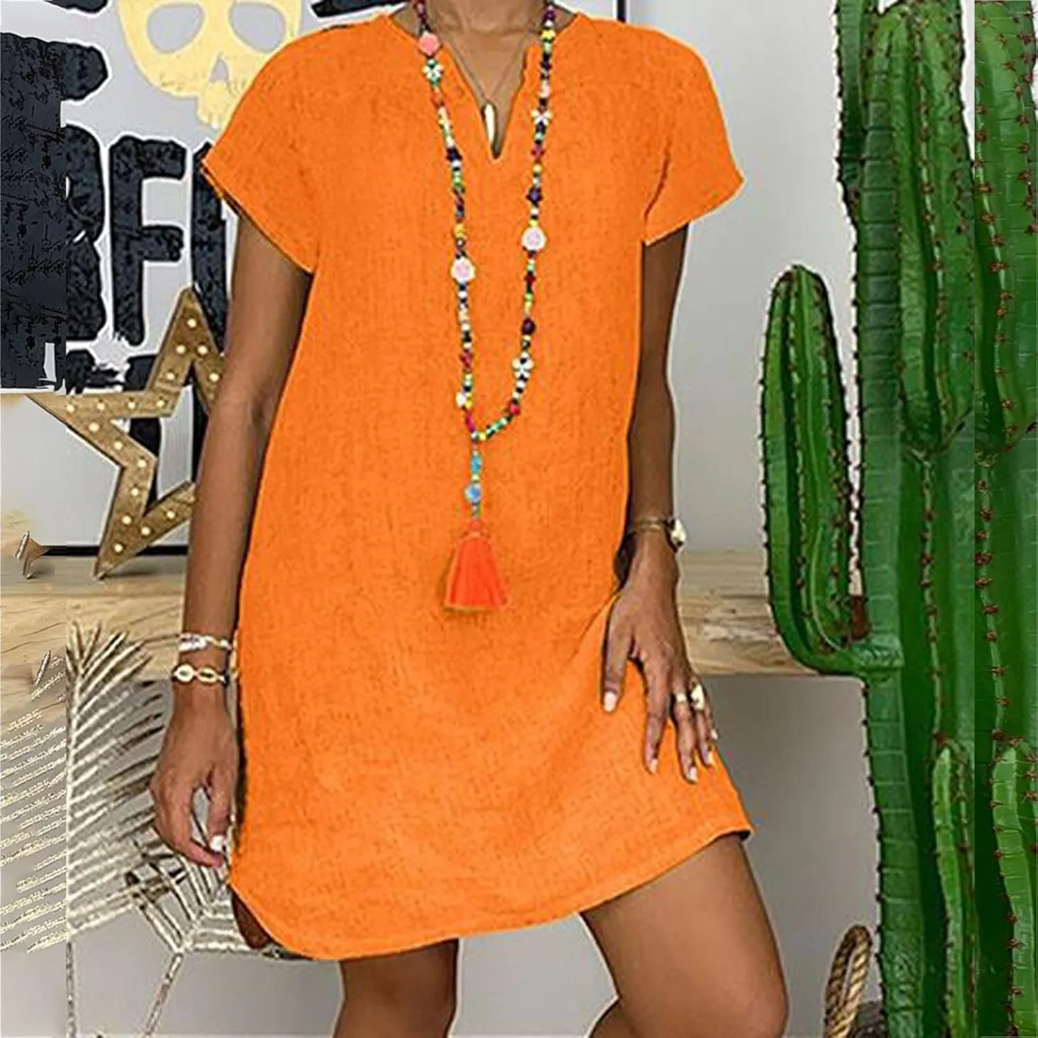 Summer Dresses for Women's Plus Size Short Sleeve Loose Cotton Linen Top Shirt Dress Ladies Knee Length Midi Sundress
