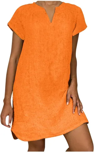 Summer Dresses for Women's Plus Size Short Sleeve Loose Cotton Linen Top Shirt Dress Ladies Knee Length Midi Sundress