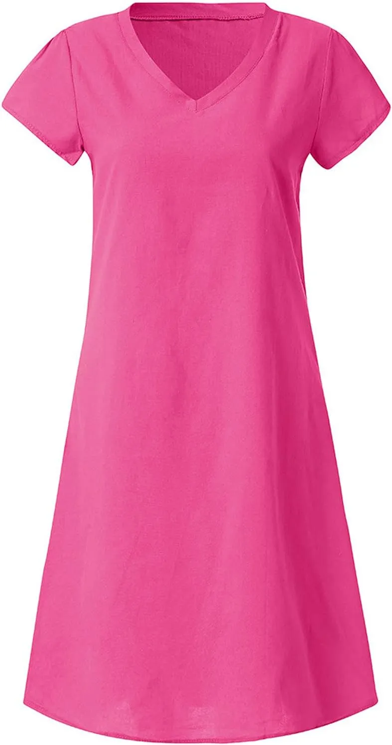 Summer Dresses for Women's Plus Size Short Sleeve Loose Cotton Linen Top Shirt Dress Ladies Knee Length Midi Sundress