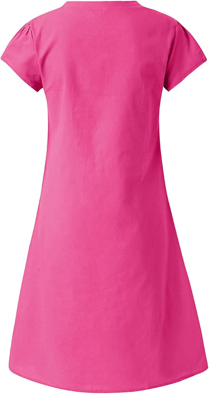 Summer Dresses for Women's Plus Size Short Sleeve Loose Cotton Linen Top Shirt Dress Ladies Knee Length Midi Sundress