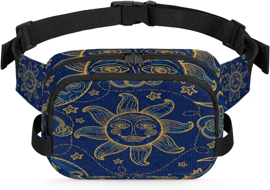 Sun Moon Blue Gold Fanny Packs for Women Men Fashion Waist Packs Belt Bag Water-resistant Crossbody Bag Waist Pouch Waist Pack Hip Bum Bag for Hiking Casual Travel Cycling