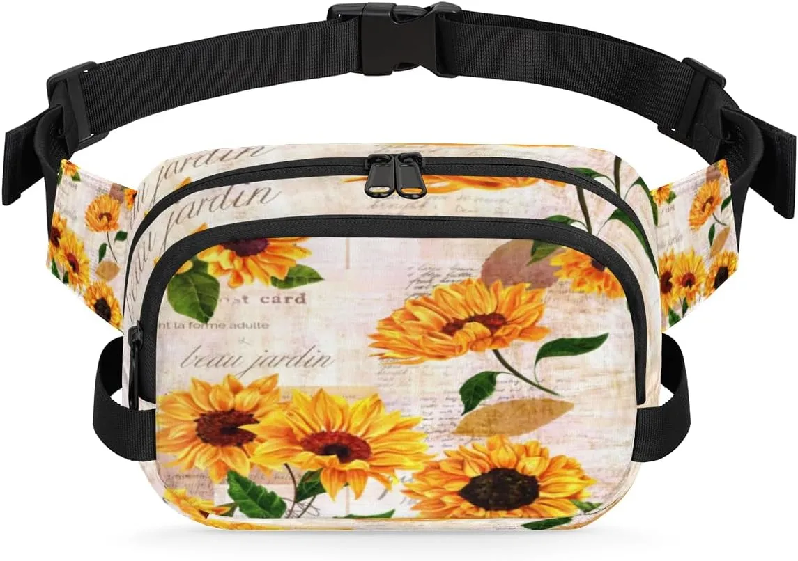 Sunflower Retro Pattern Fanny Packs for Women Men Fashion Waist Packs Belt Bag Water-resistant Crossbody Bag Floral Waist Pouch Waist Pack Hip Bum Bag for Hiking Casual Travel Cycling