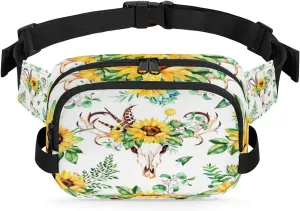 Sunflowers Leaves Fanny Packs for Women Men Fashion Waist Packs Belt Bag Water-resistant Crossbody Bag Skull Boho Waist Pouch Waist Pack Hip Bum Bag for Hiking Casual Travel Cycling
