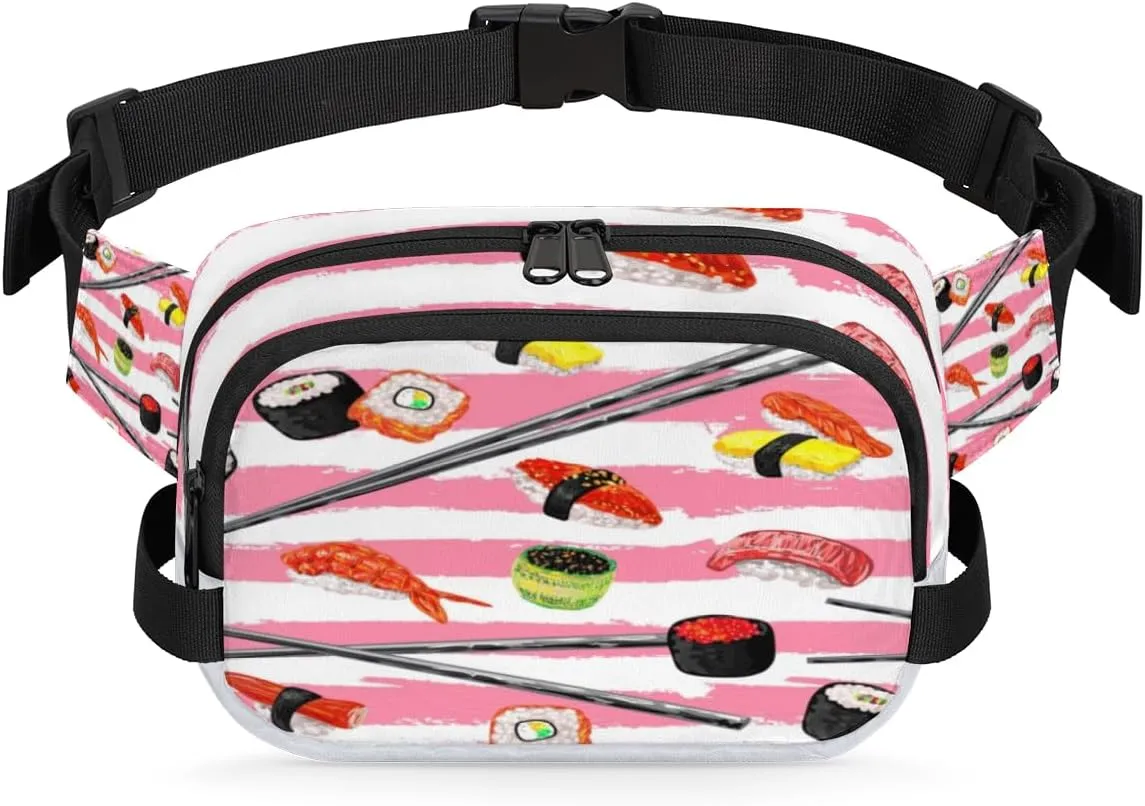Sushi Pink Stripe Fanny Packs for Women Men Fashion Waist Packs Belt Bag Water-resistant Crossbody Bag Waist Pouch Waist Pack Hip Bum Bag for Hiking Casual Travel Cycling