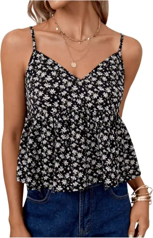 SweatyRocks Women's Ruffle Floral Camisole V Neck Spaghetti Strap Sleeveless Flared Tops
