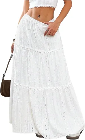 SweatyRocks Women's Ruffle Frill Tiered Eyelet Embroidery Elastic Waist Boho Maxi Skirts