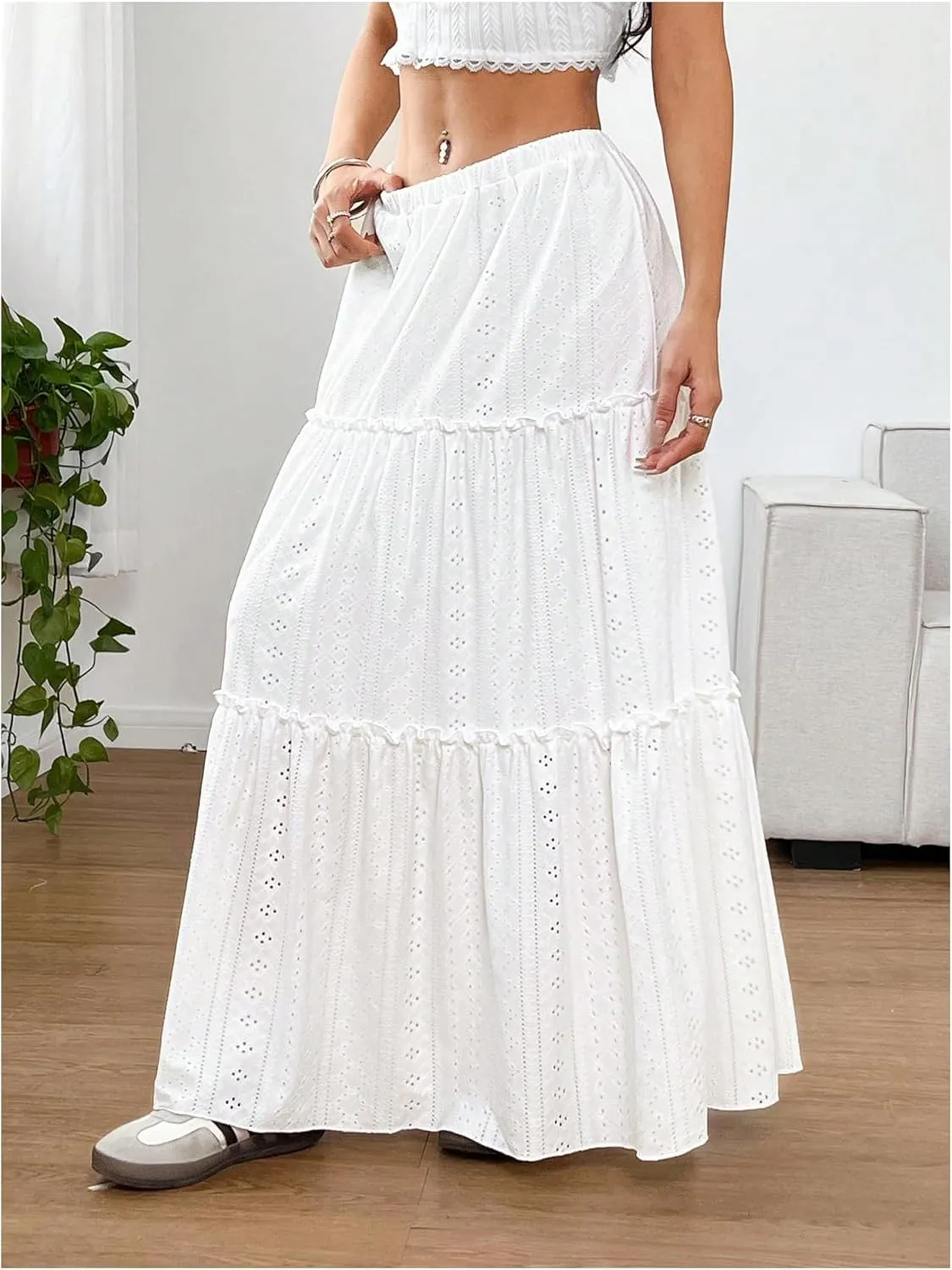 SweatyRocks Women's Ruffle Frill Tiered Eyelet Embroidery Elastic Waist Boho Maxi Skirts