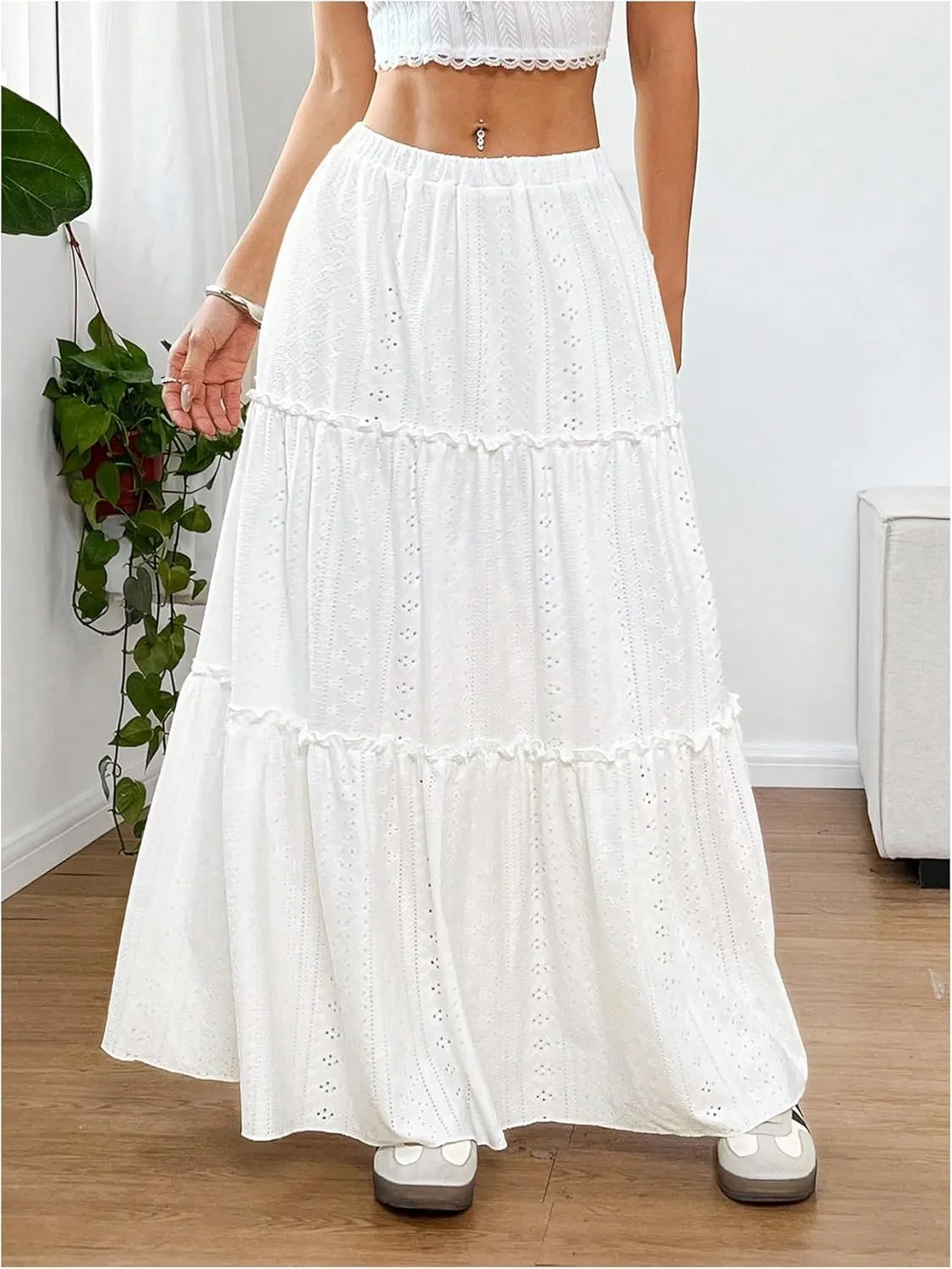 SweatyRocks Women's Ruffle Frill Tiered Eyelet Embroidery Elastic Waist Boho Maxi Skirts