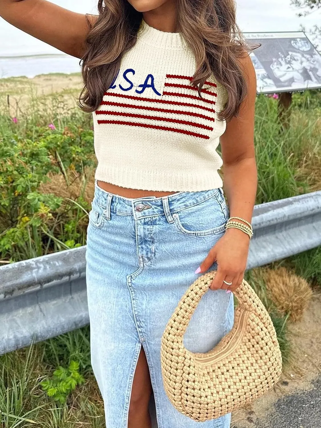 Tankaneo Womens American Flag Crop Tank Tops High Neck 4th of July Patriotic Summer Sleeveless Shirts Sweater Vest