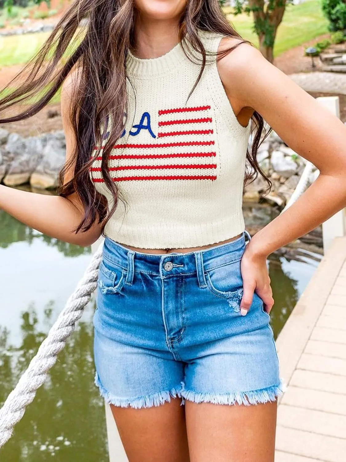 Tankaneo Womens American Flag Crop Tank Tops High Neck 4th of July Patriotic Summer Sleeveless Shirts Sweater Vest