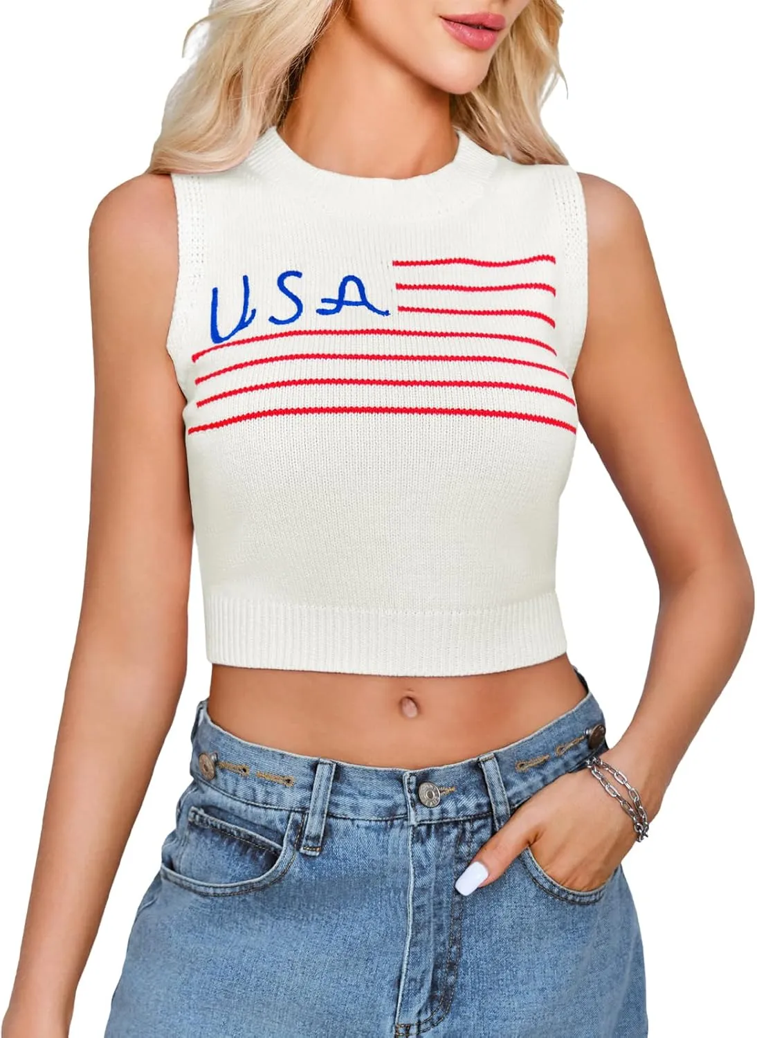Tankaneo Womens American Flag Crop Tank Tops High Neck 4th of July Patriotic Summer Sleeveless Shirts Sweater Vest