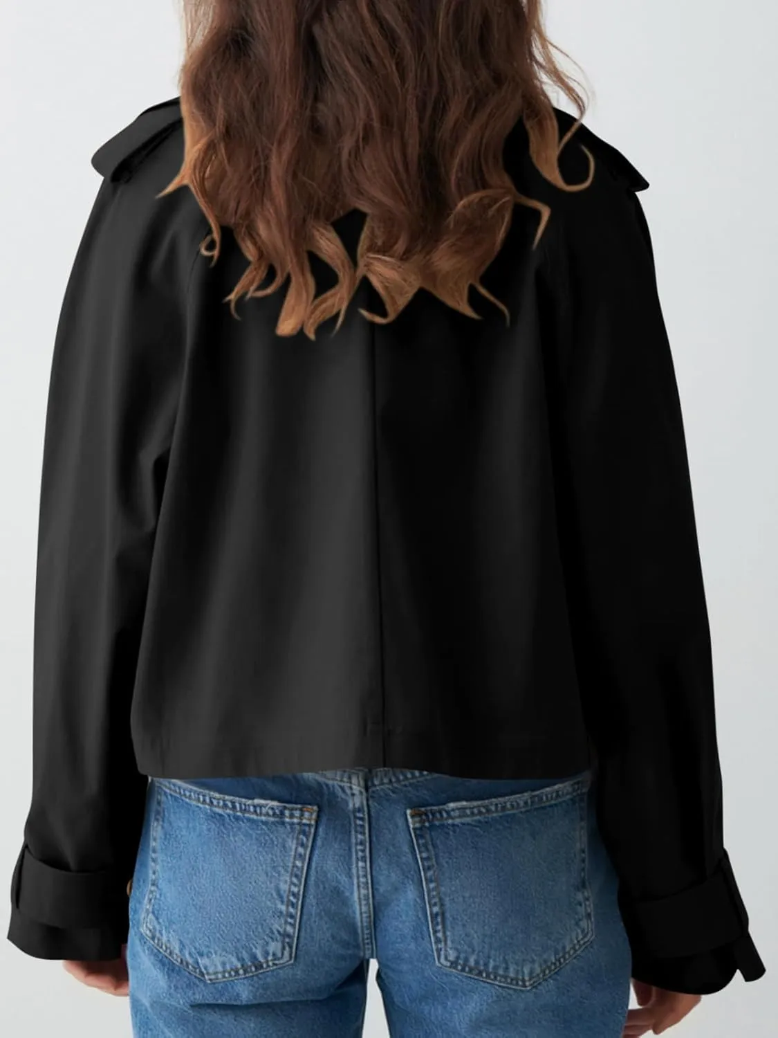 Tankaneo Womens Cropped Trench Coat Lapel Double Breasted Short Jacket Outwear