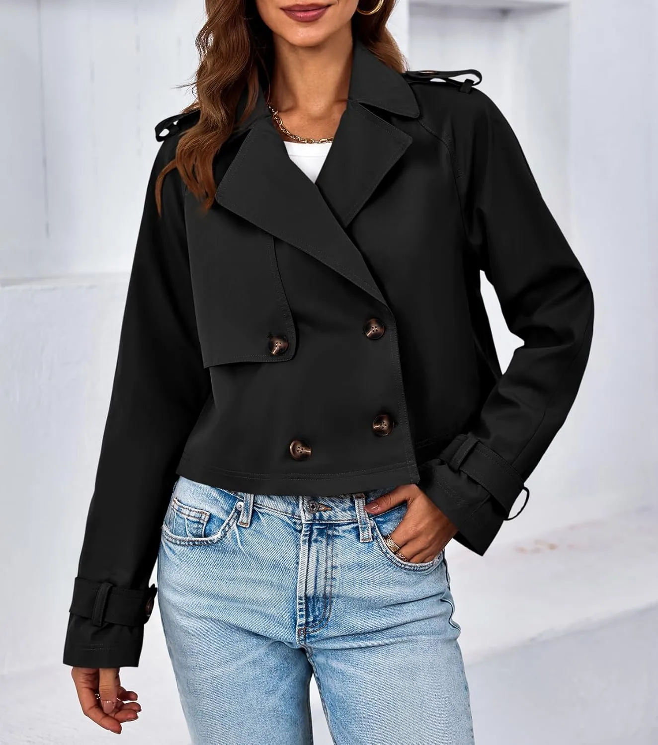 Tankaneo Womens Cropped Trench Coat Lapel Double Breasted Short Jacket Outwear