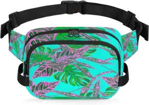 Teal Purple Leafs Fanny Pack Crossbody Bags for Women Men Waist Packs Hip Bum Bag Cross Body Fanny Pack with Adjustable Strap for Running Hiking Travel