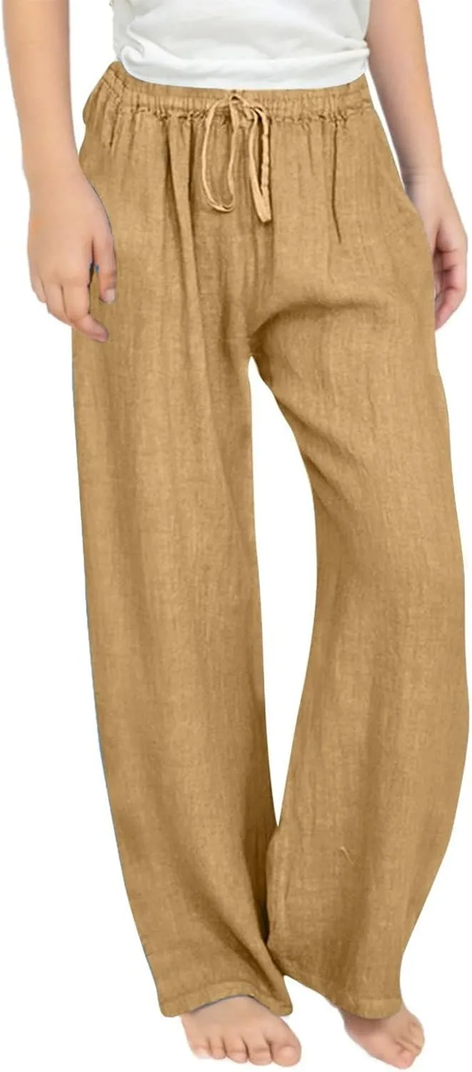 Teen Girls Casual Cotton Linen Pants Lightweight Summer Wide Leg Pant Loose Elastic Waist Plus Size Lounge Long Trousers