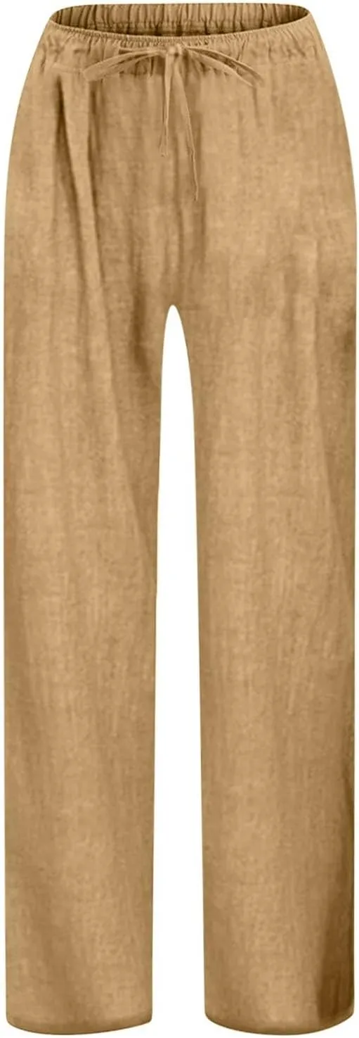 Teen Girls Casual Cotton Linen Pants Lightweight Summer Wide Leg Pant Loose Elastic Waist Plus Size Lounge Long Trousers