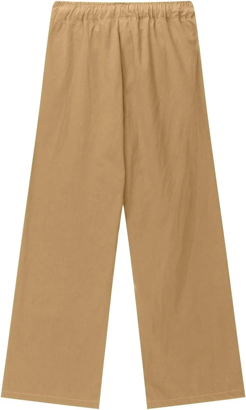 Teen Girls Casual Cotton Linen Pants Lightweight Summer Wide Leg Pant Loose Elastic Waist Plus Size Lounge Long Trousers