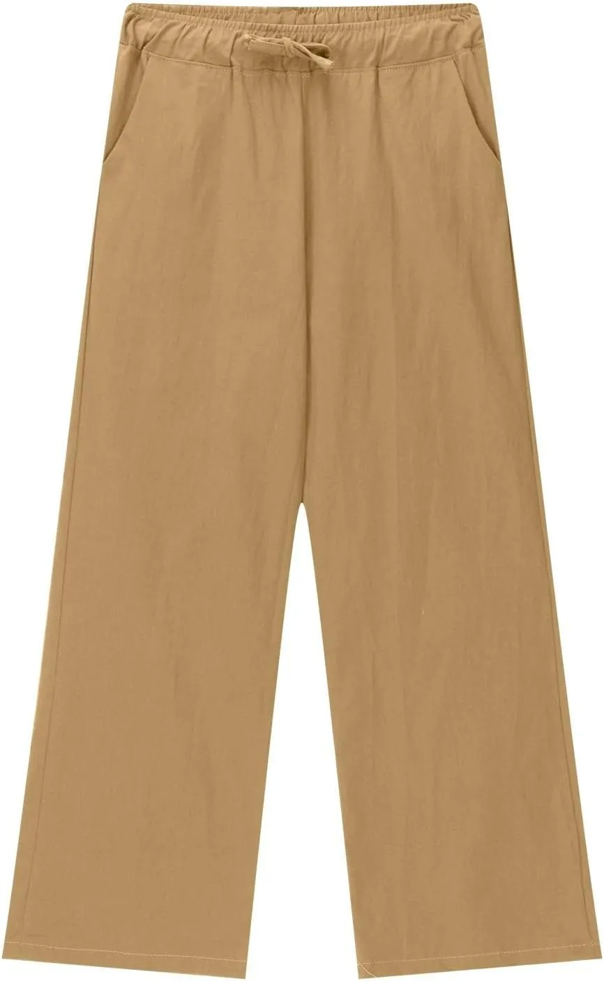 Teen Girls Casual Cotton Linen Pants Lightweight Summer Wide Leg Pant Loose Elastic Waist Plus Size Lounge Long Trousers