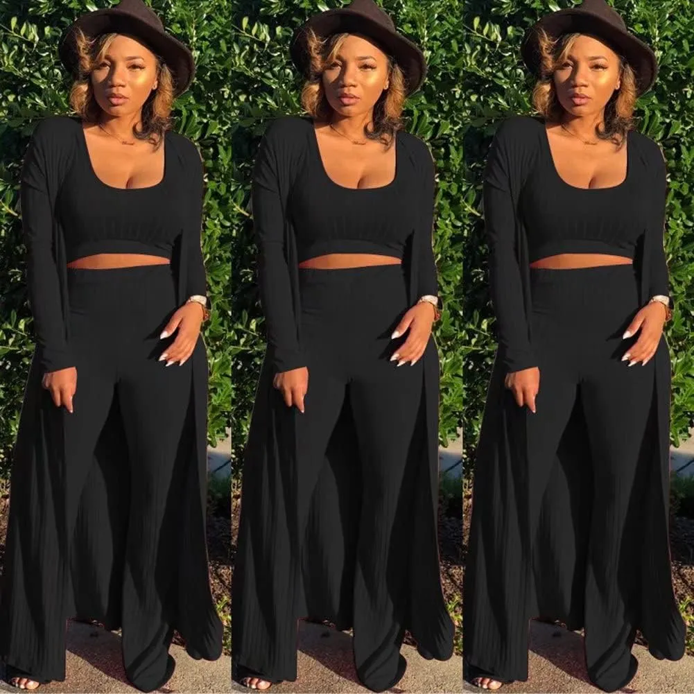 ThusFar Women 3 Piece Outfits Ottoman Rib Open Front Cardigan Cover Up Crop Tank Tops Wide Leg Palazzo Pant Set Jumpsuit