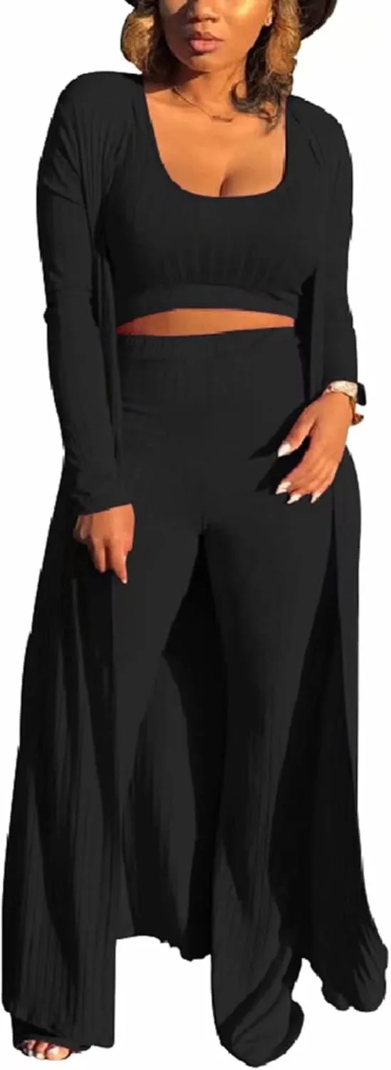 ThusFar Women 3 Piece Outfits Ottoman Rib Open Front Cardigan Cover Up Crop Tank Tops Wide Leg Palazzo Pant Set Jumpsuit