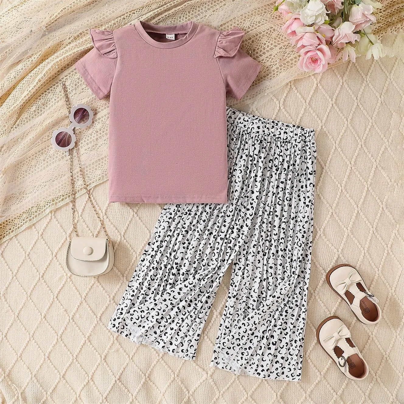 Toddler Kid Girl Clothes Casual Flying Sleeve Top Flower Printed Pants 2PC Outfit Set