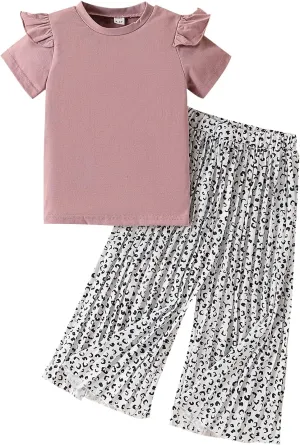 Toddler Kid Girl Clothes Casual Flying Sleeve Top Flower Printed Pants 2PC Outfit Set