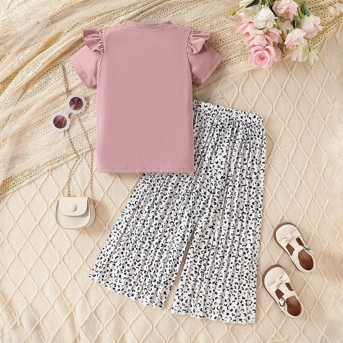 Toddler Kid Girl Clothes Casual Flying Sleeve Top Flower Printed Pants 2PC Outfit Set