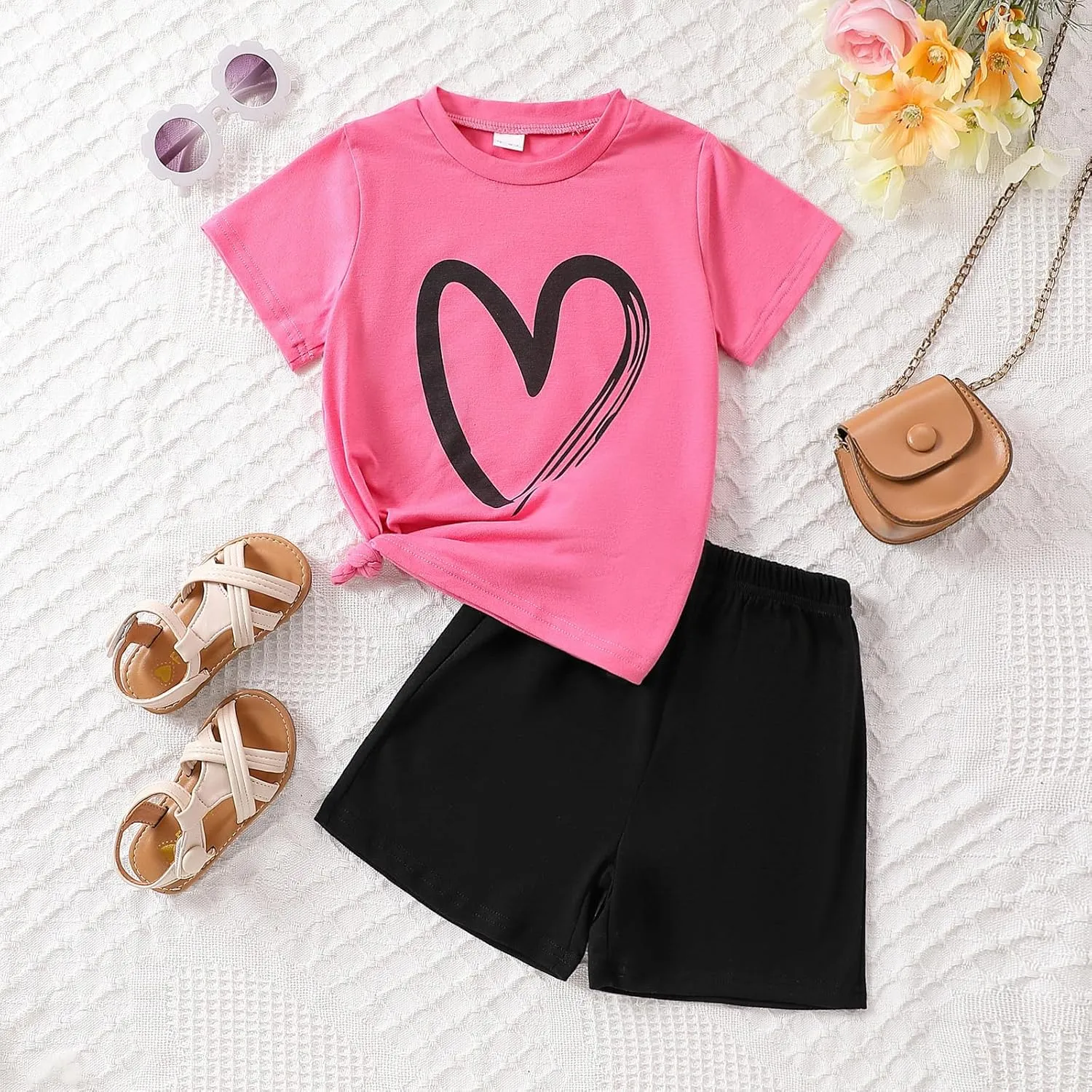 Toddler Kid Girl Clothes Heart Print Short Sleeves Top   Shorts 2PC Summer Outfit Set