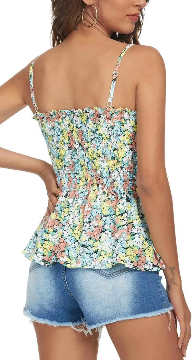 Tribear Women's Casual Frill Smocked Cami Tank Tops Floral Shoulder Strap Vest