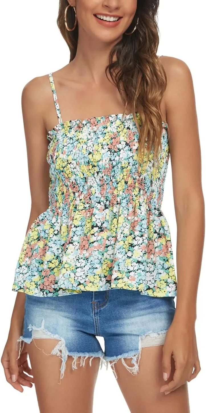 Tribear Women's Casual Frill Smocked Cami Tank Tops Floral Shoulder Strap Vest