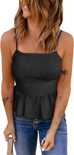 Tribear Women's Casual Frill Smocked Cami Tank Tops Floral Shoulder Strap Vest