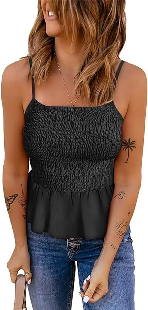 Tribear Women's Casual Frill Smocked Cami Tank Tops Floral Shoulder Strap Vest