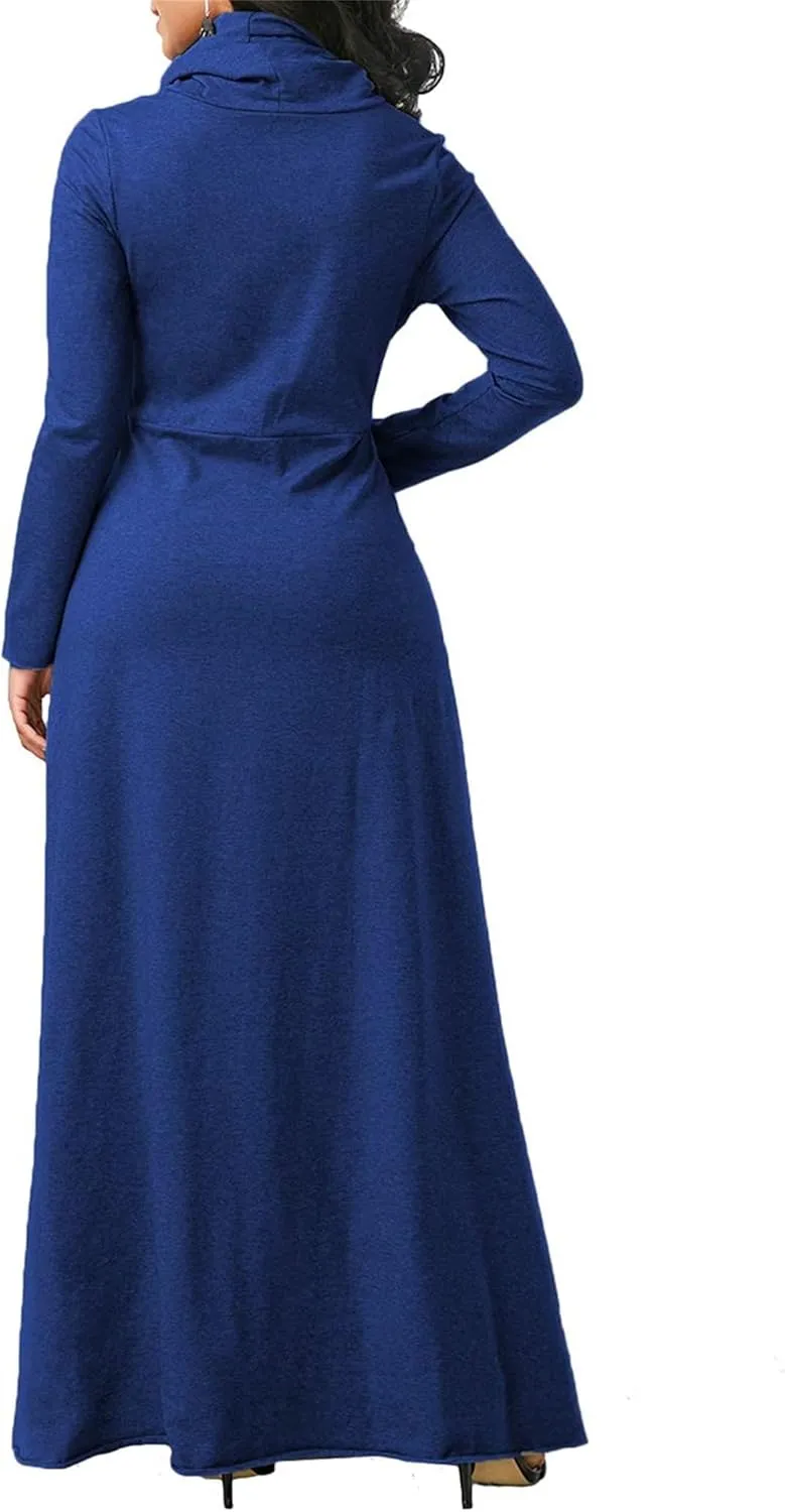 Turtleneck Maxi Dress for Women Plus Size Winter Elegant Solid Swing Casual Long Sleeve Long Dresses with Pocket