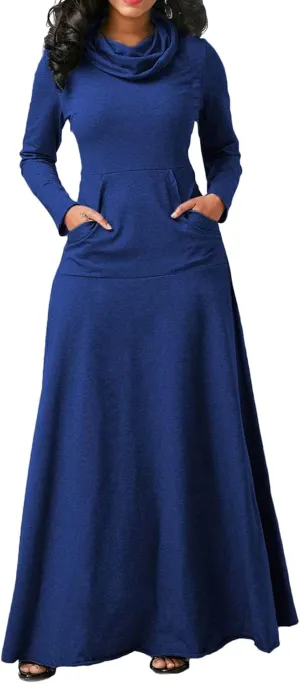 Turtleneck Maxi Dress for Women Plus Size Winter Elegant Solid Swing Casual Long Sleeve Long Dresses with Pocket
