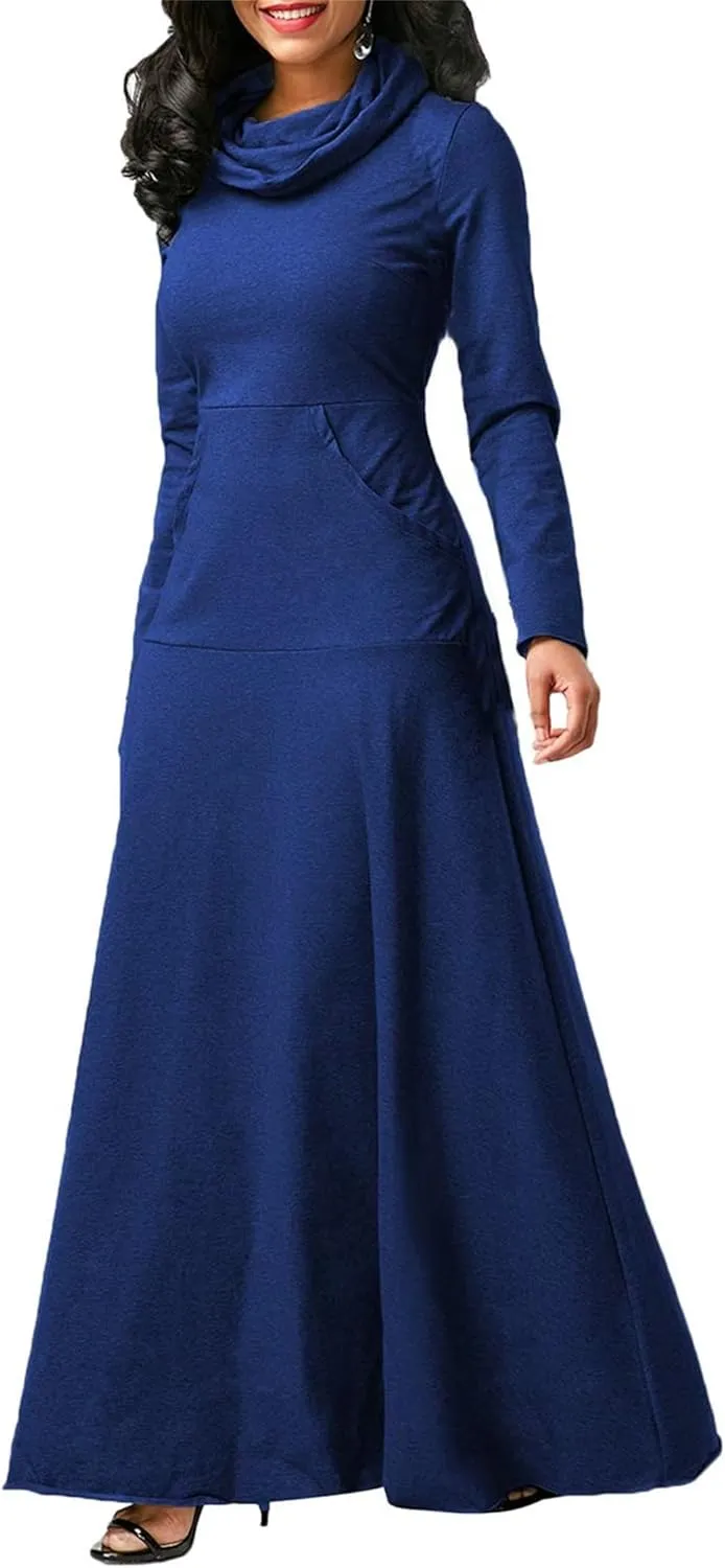 Turtleneck Maxi Dress for Women Plus Size Winter Elegant Solid Swing Casual Long Sleeve Long Dresses with Pocket