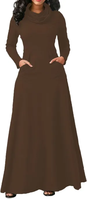 Turtleneck Maxi Dress for Women Plus Size Winter Elegant Solid Swing Casual Long Sleeve Long Dresses with Pocket