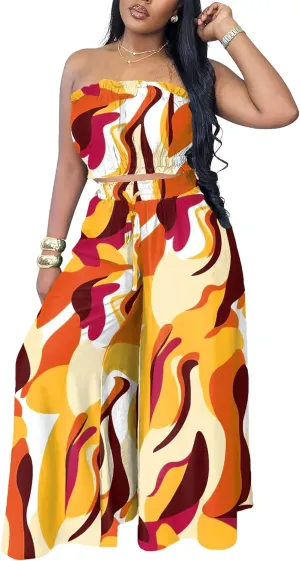 Two Piece Sets for Women Summer Outfits Crop Tops and Wide Leg Pants Sets Sexy Jumpsuits Vacation Outfits with Pockets