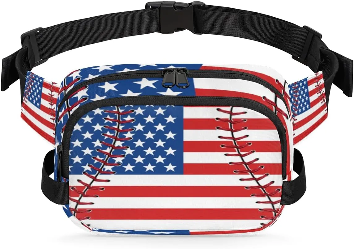 Usa Flag Baseball Fanny Packs for Women Men Fashion Waist Packs Belt Bag Water-resistant Crossbody Bag Baseball Waist Pouch Waist Pack Hip Bum Bag for Hiking Casual Travel Cycling