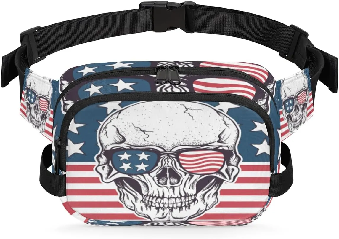 Usa Flag Skull Fanny Packs for Women Men Fashion Waist Packs Belt Bag Water-resistant Crossbody Bag Waist Pouch Waist Pack Hip Bum Bag for Hiking Casual Travel Cycling