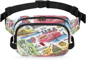Usa Travel Poster Pattern Fanny Pack Crossbody Bags for Women Men Waist Packs Hip Bum Bag Cross Body Fanny Pack with Adjustable Strap for Running Hiking Travel