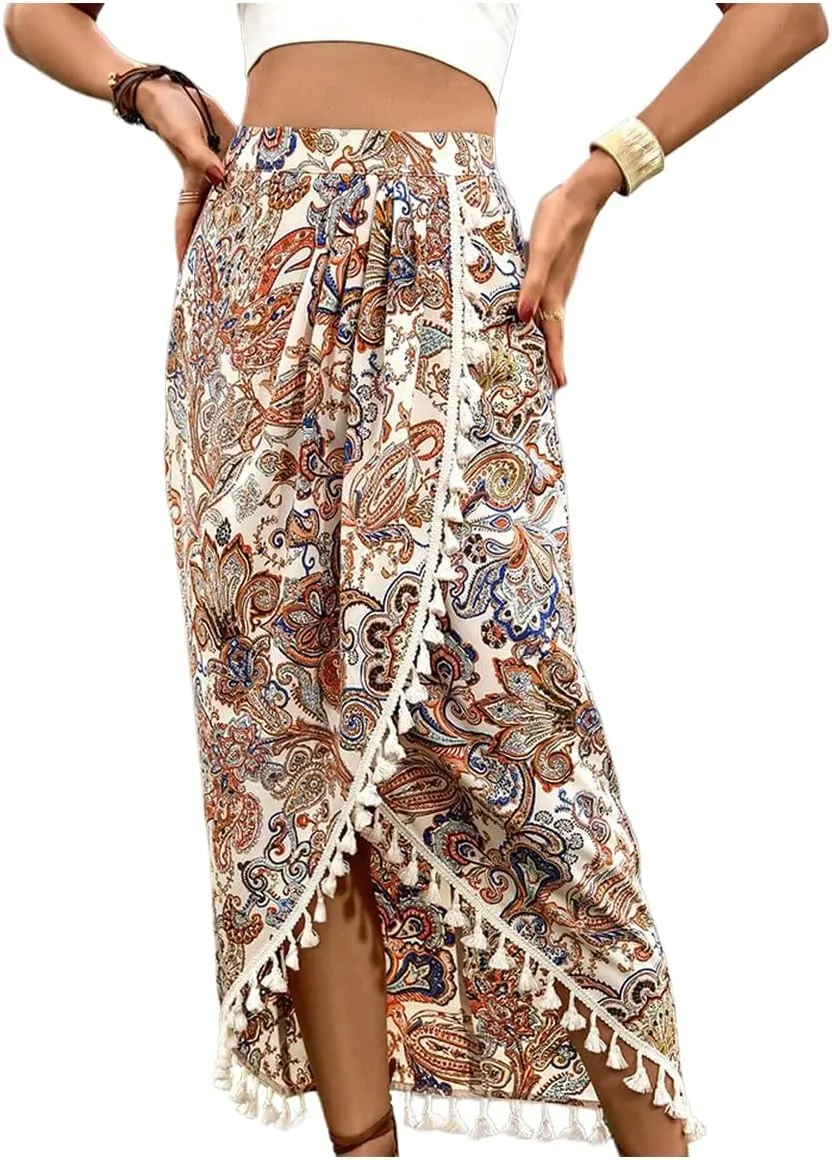 Verdusa Women's Paisley Print Wrap Fringe Skirt Boho High Waisted AWestern Symmetrical Long Skirts
