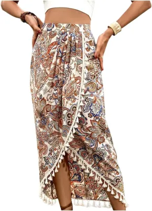 Verdusa Women's Paisley Print Wrap Fringe Skirt Boho High Waisted AWestern Symmetrical Long Skirts