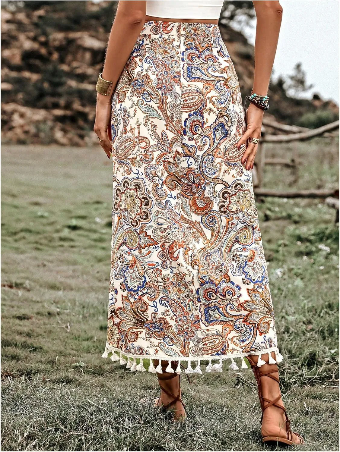 Verdusa Women's Paisley Print Wrap Fringe Skirt Boho High Waisted AWestern Symmetrical Long Skirts