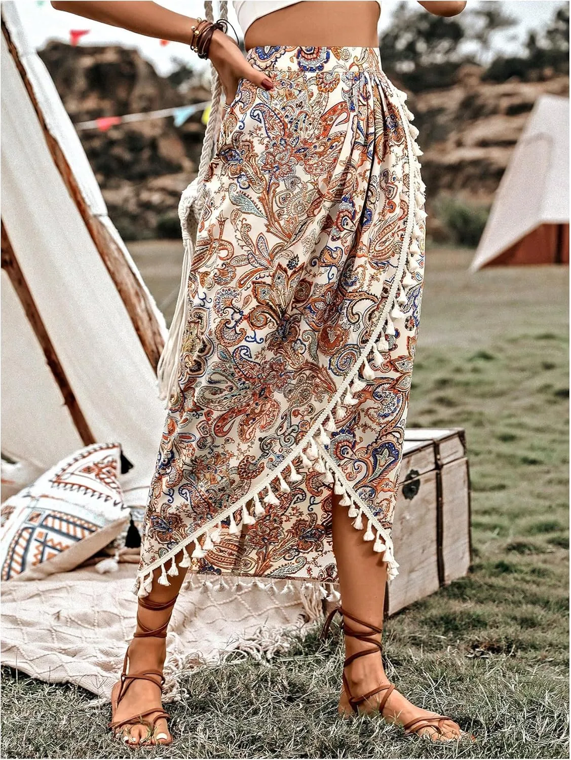 Verdusa Women's Paisley Print Wrap Fringe Skirt Boho High Waisted AWestern Symmetrical Long Skirts