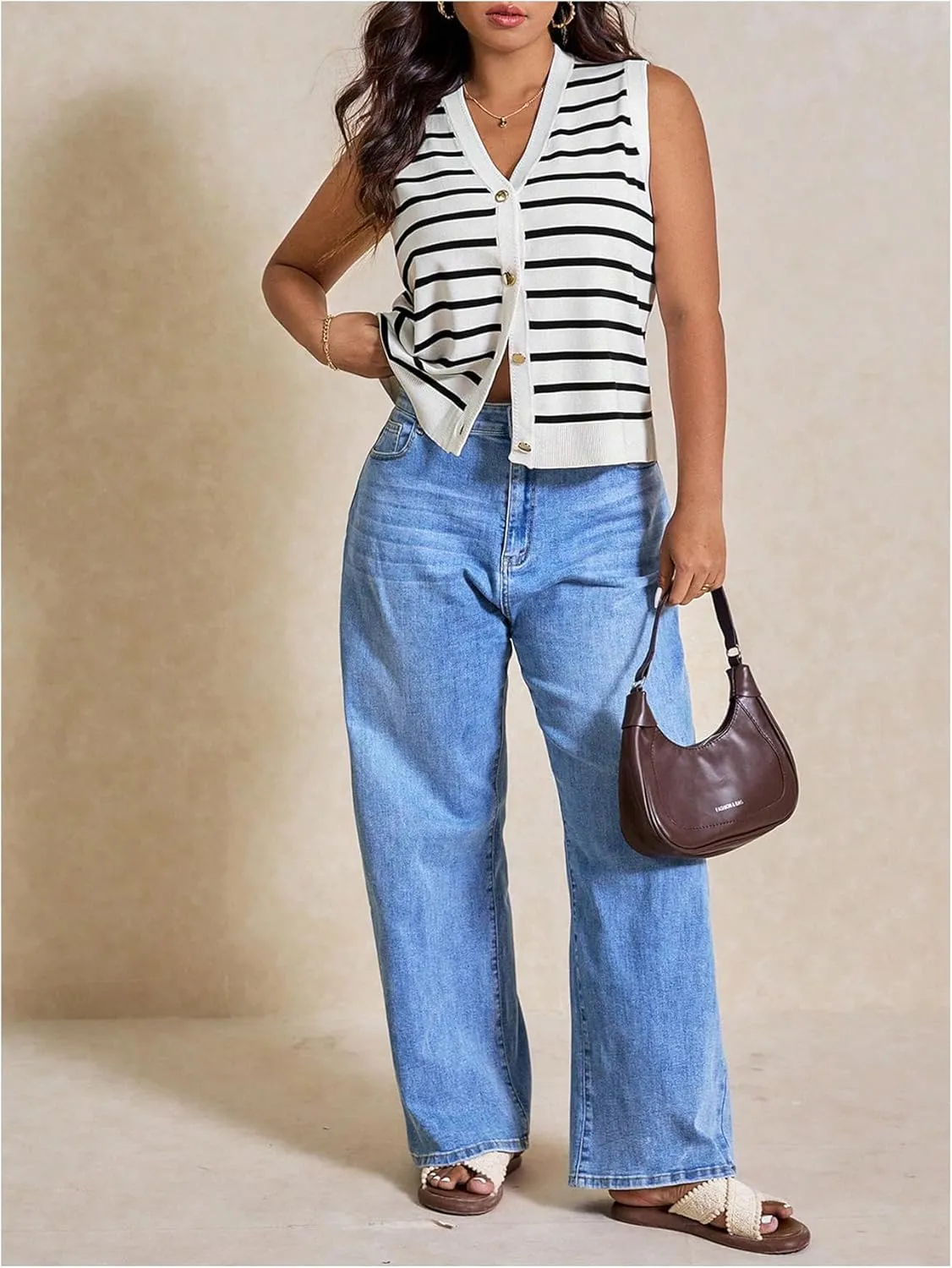 Verdusa Women's Plus Size Vest Top Trendy Old Money Striped Button Down Sleeveless Sweater Tops