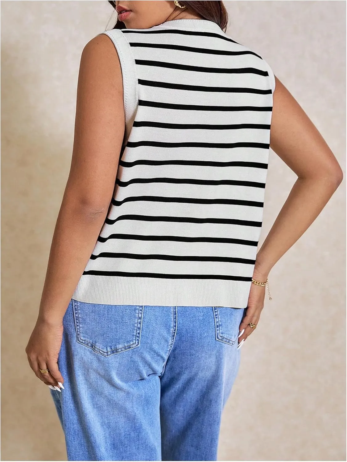 Verdusa Women's Plus Size Vest Top Trendy Old Money Striped Button Down Sleeveless Sweater Tops