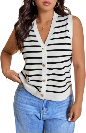 Verdusa Women's Plus Size Vest Top Trendy Old Money Striped Button Down Sleeveless Sweater Tops