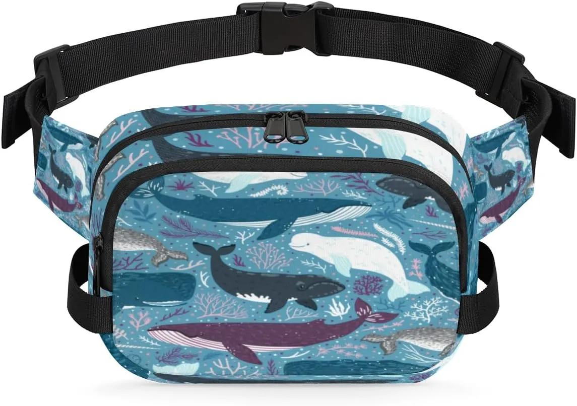 Whales Kawaii Cute Fanny Pack Crossbody Bags for Women Men Waist Packs Hip Bum Bag Cross Body Fanny Pack with Adjustable Strap for Running Hiking Travel